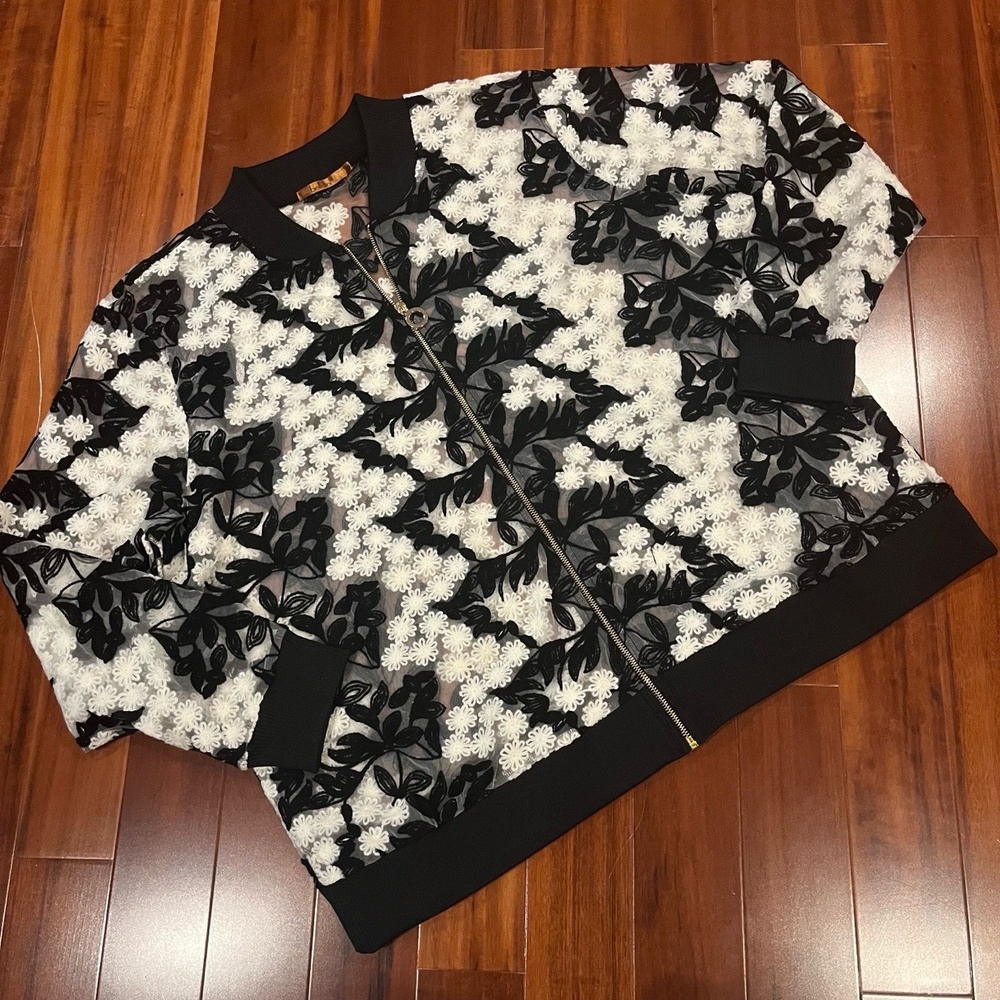 Belldini Floral Crochet Sheer Jacket Bomber Black‎ White Plus Size 2X